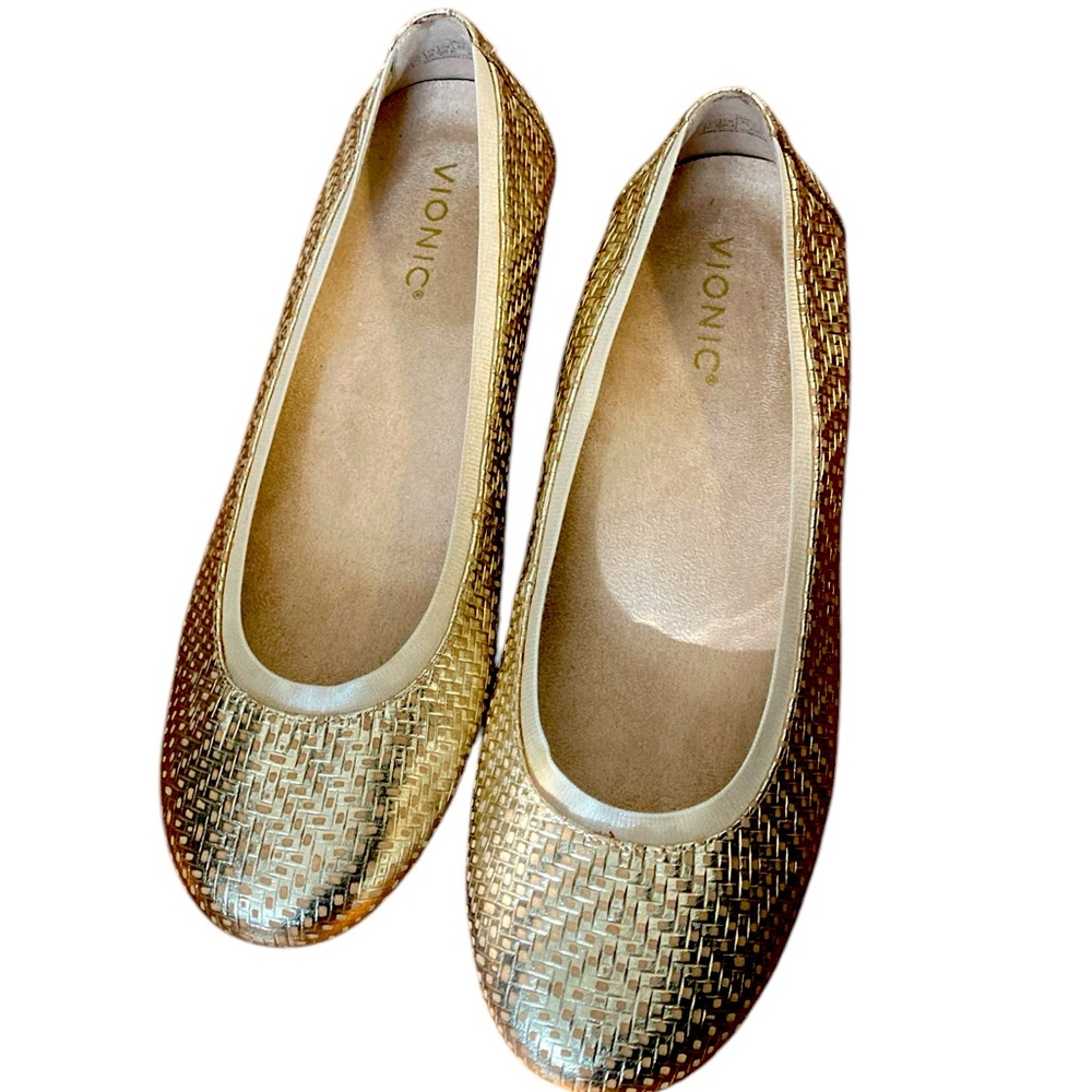 VIONIC GOLD WOVEN FLATS-METALLIC GOLD-SZ 9.5- LIKE NEW!